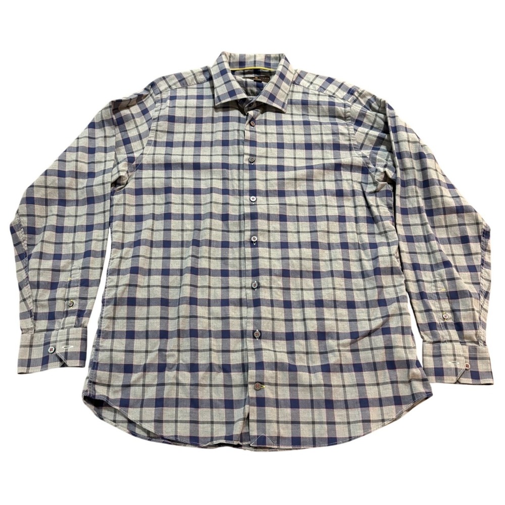 Robert Talbott Tailored Mens XL Grey Navy Blue Plaid Cotton Button Down Shirt